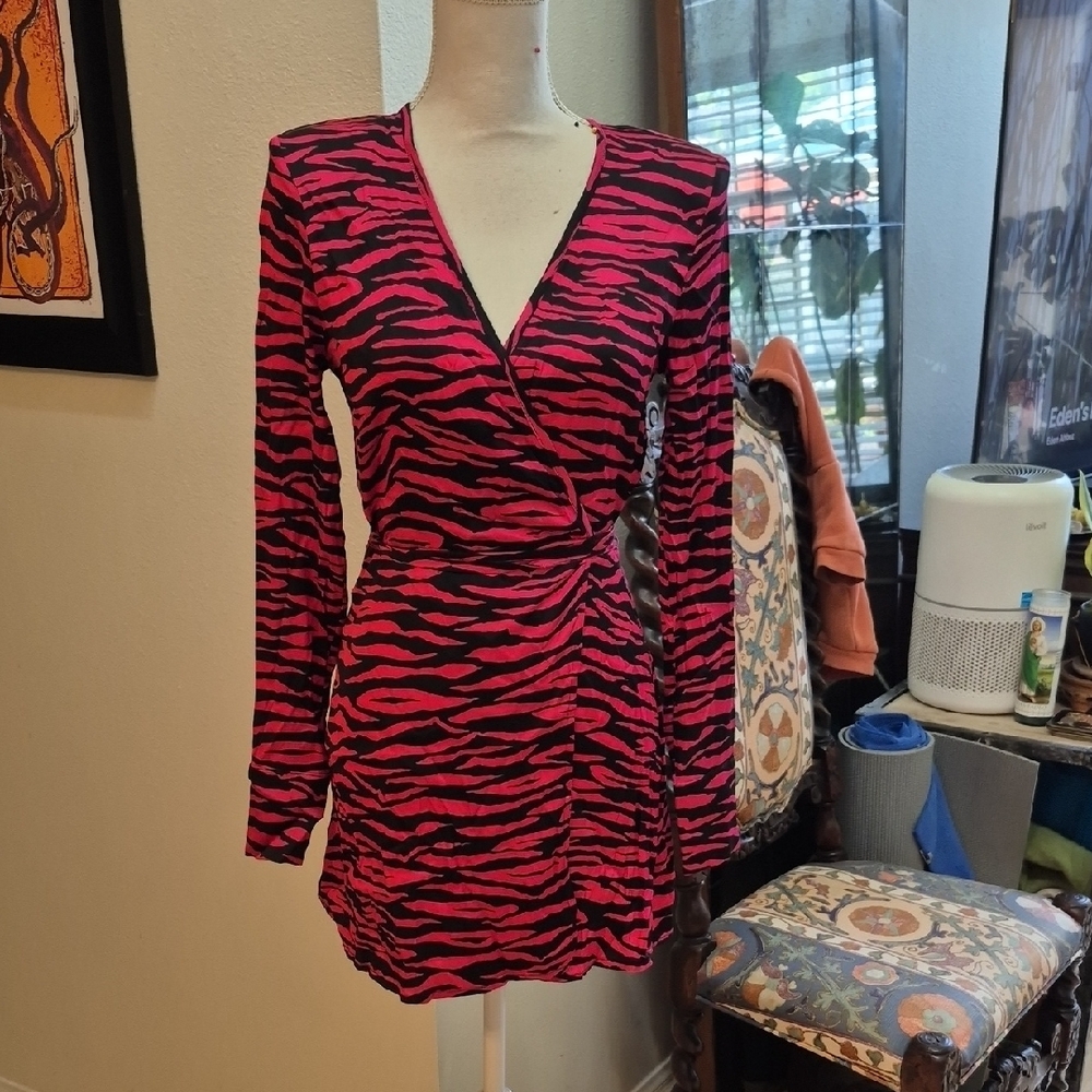Andamane Pink & Black Animal Print Mini Wrap Dress Shoulder Pads Brandy
